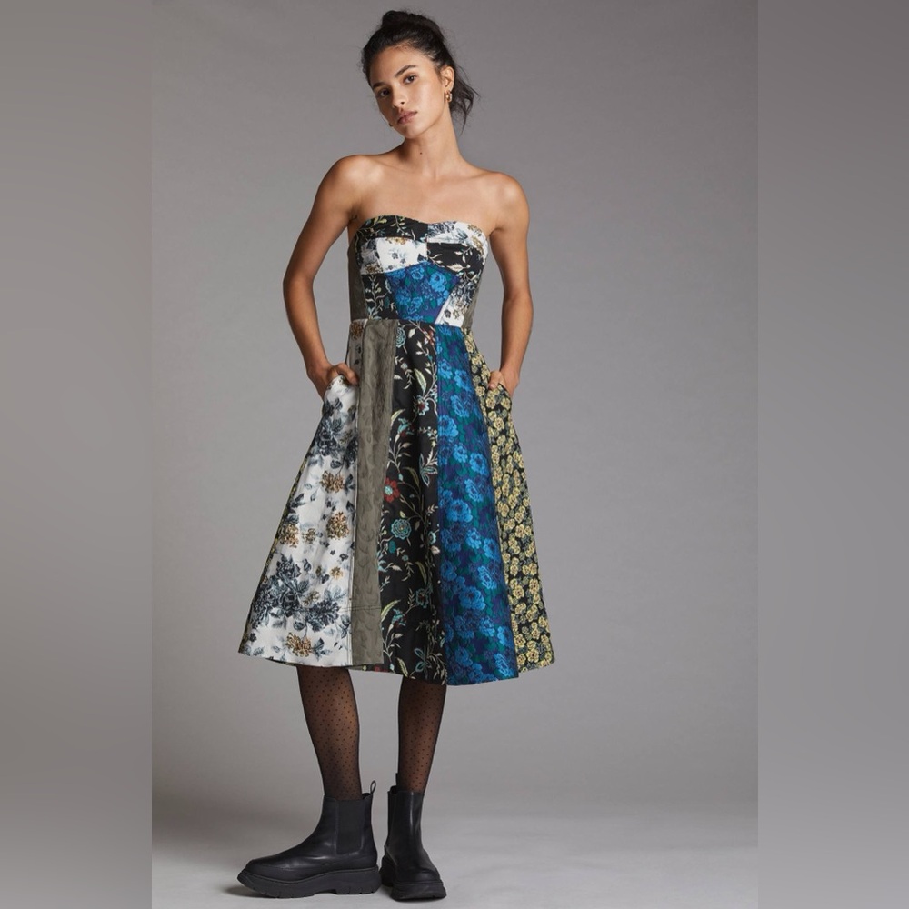 Rare Anthropologie Patchwork Floral Jacquard strapless dress